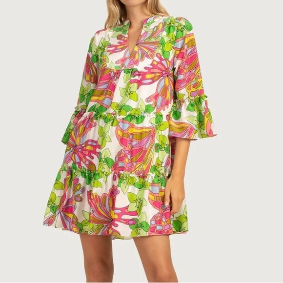 TRINA TURK NWT MOVIE COLONY 2 DRESS SIZE XS - Colorful Silk- Tiered Ruffle - Picture 1 of 11